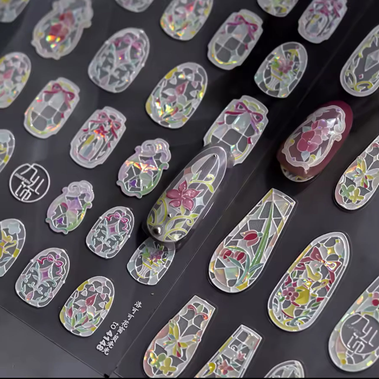 Retro Shiny Rococo Flower Window Frame Embossed Nail Art Stickers Manicure Decal White