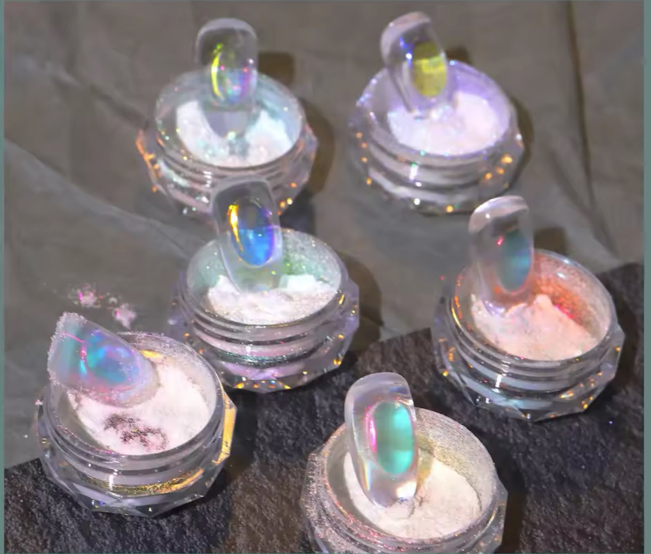 6Pcs Aurora Chrome Nail Powder 0.2g Ice Transparent