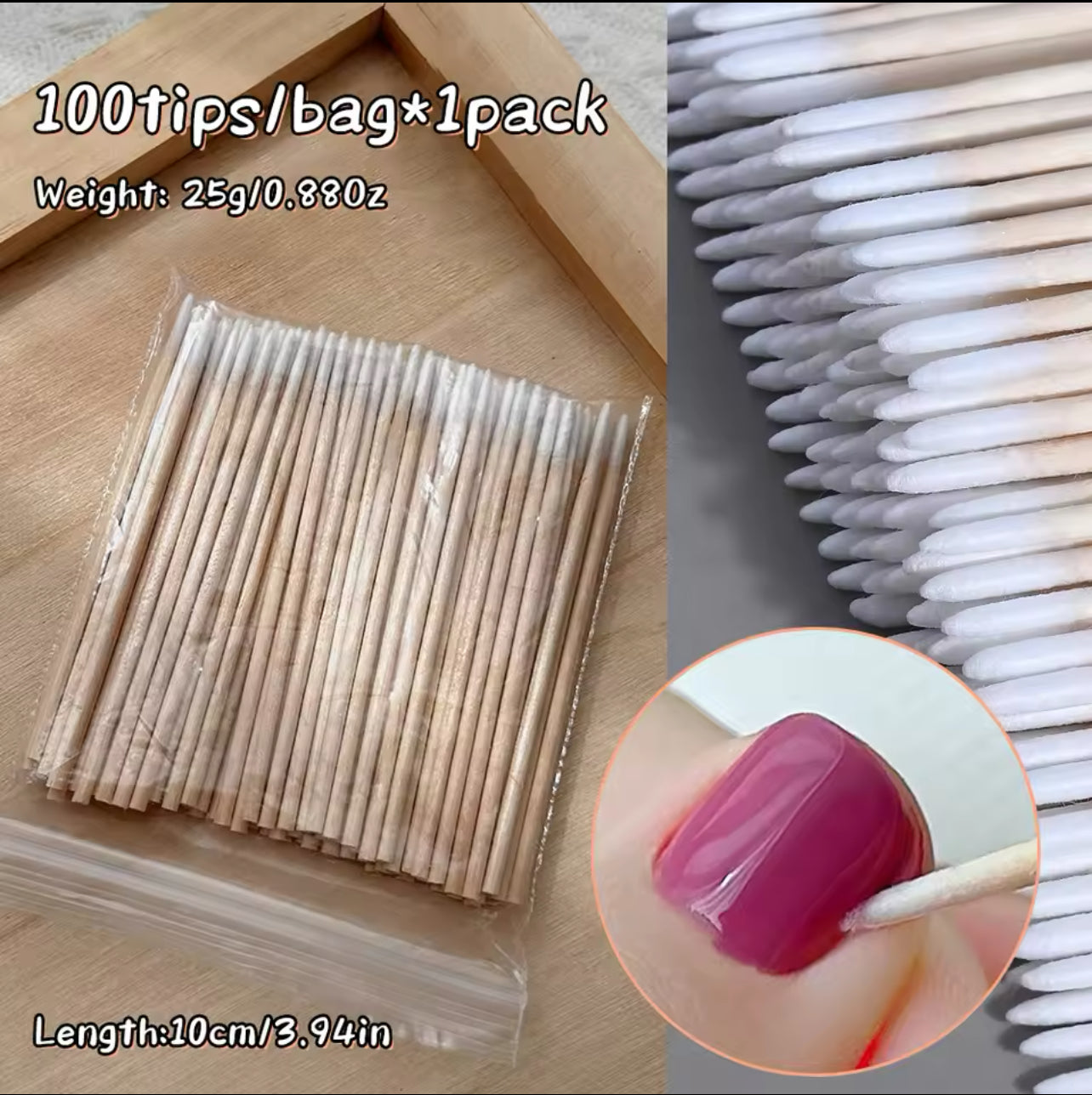Manicure Tip Cotton Swab, Fine Wooden Stick Disposable