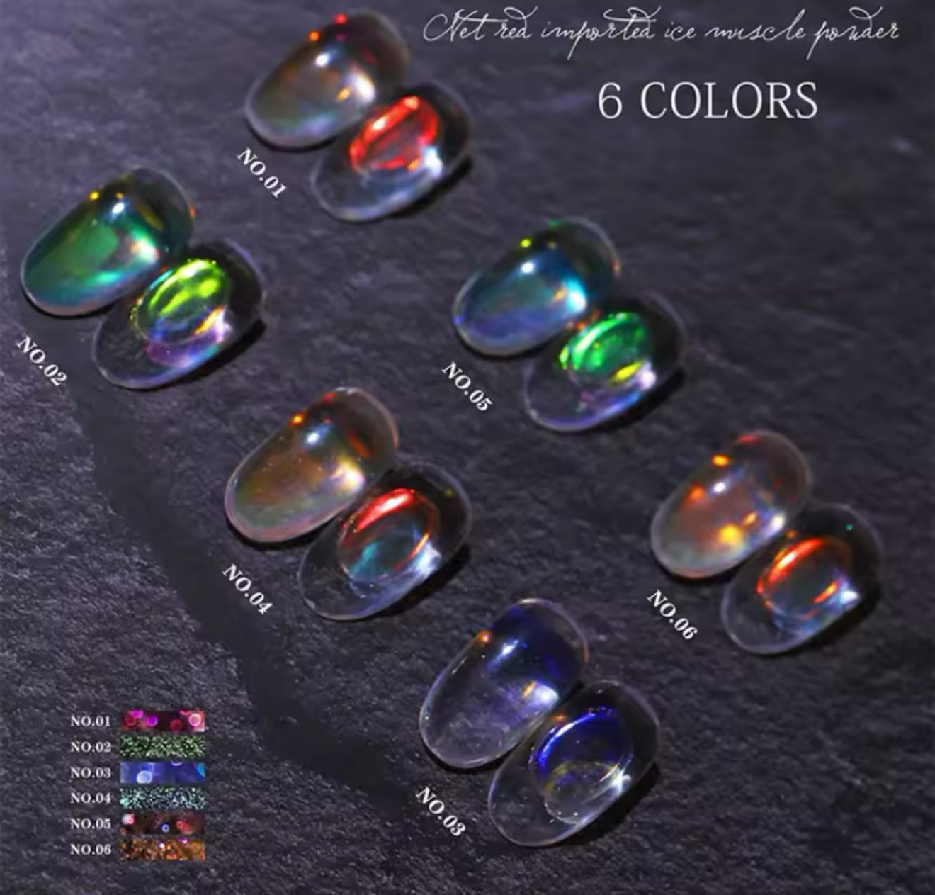 6Pcs Aurora Chrome Nail Powder 0.2g Ice Transparent