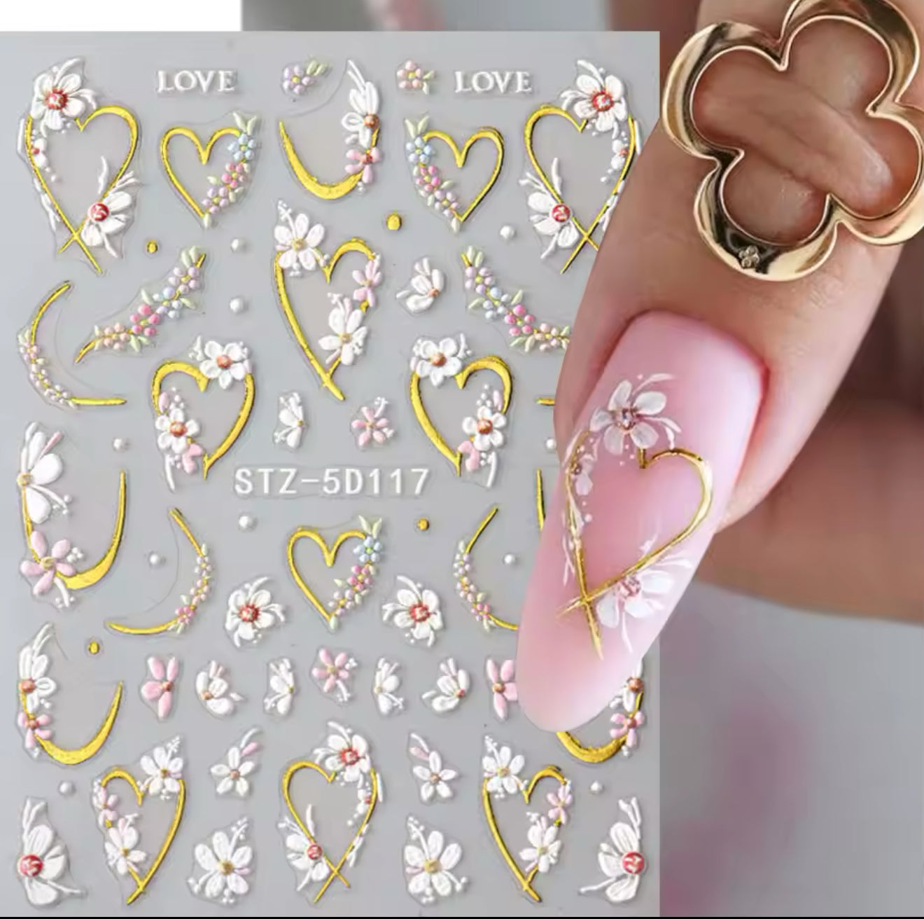 Heart and White Flowers Nail Stickers