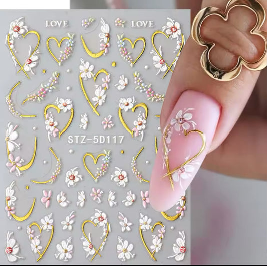 Heart and White Flowers Nail Stickers