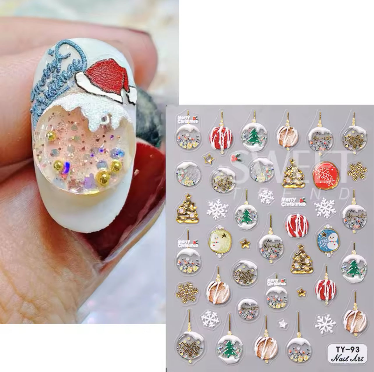 Christmas Embossed Nail Stickers Gold White Snowflakes, Christmas Tree, Snowman