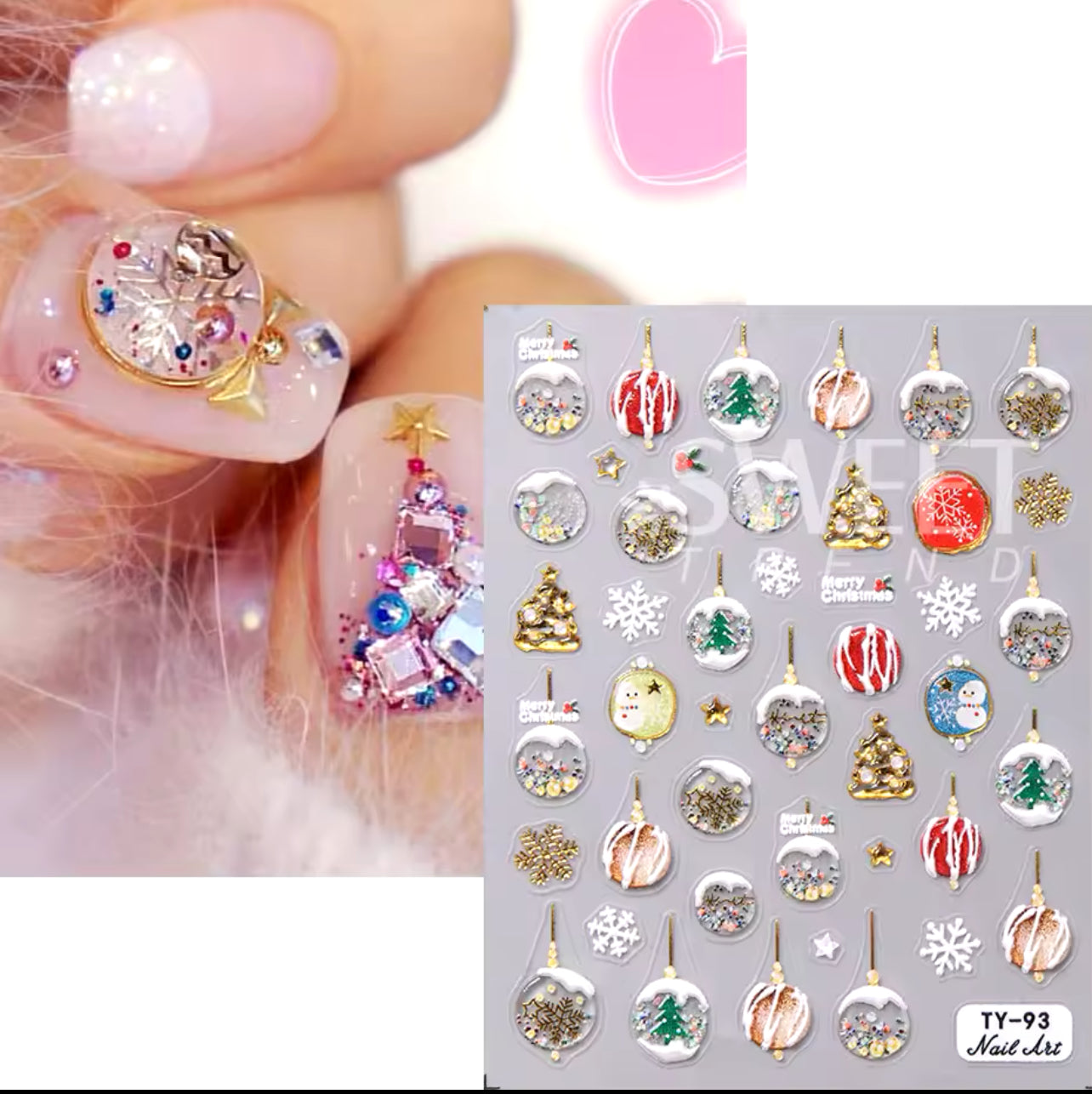 Christmas Embossed Nail Stickers Gold White Snowflakes, Christmas Tree, Snowman