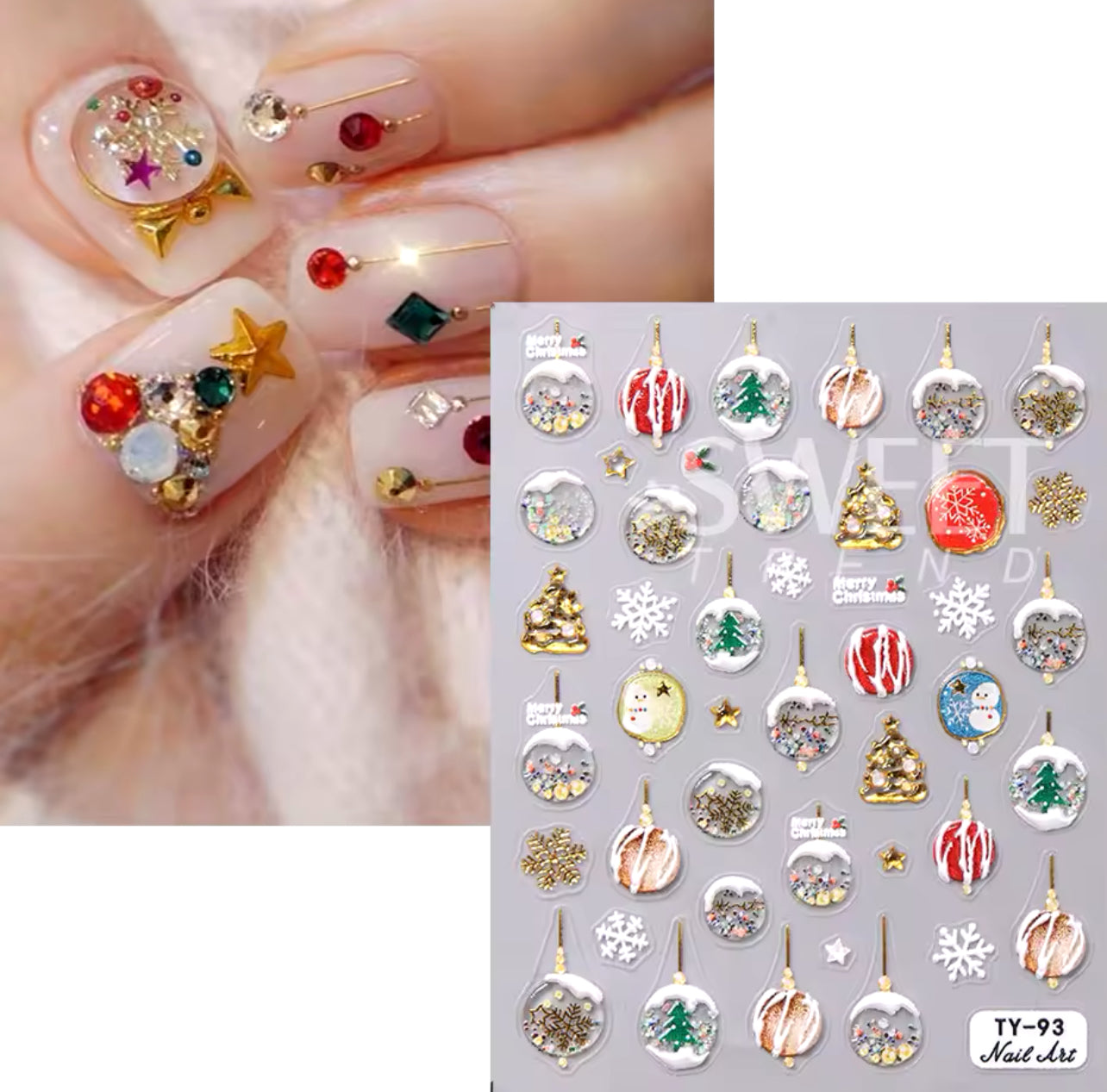 Christmas Embossed Nail Stickers Gold White Snowflakes, Christmas Tree, Snowman