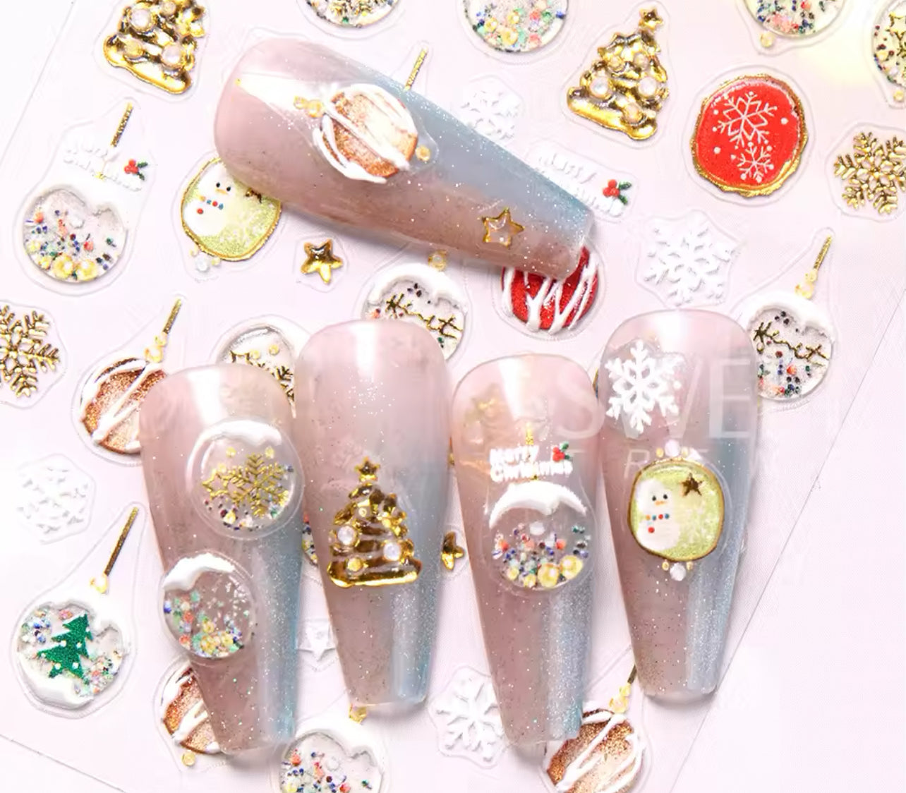 Christmas Embossed Nail Stickers Gold White Snowflakes, Christmas Tree, Snowman