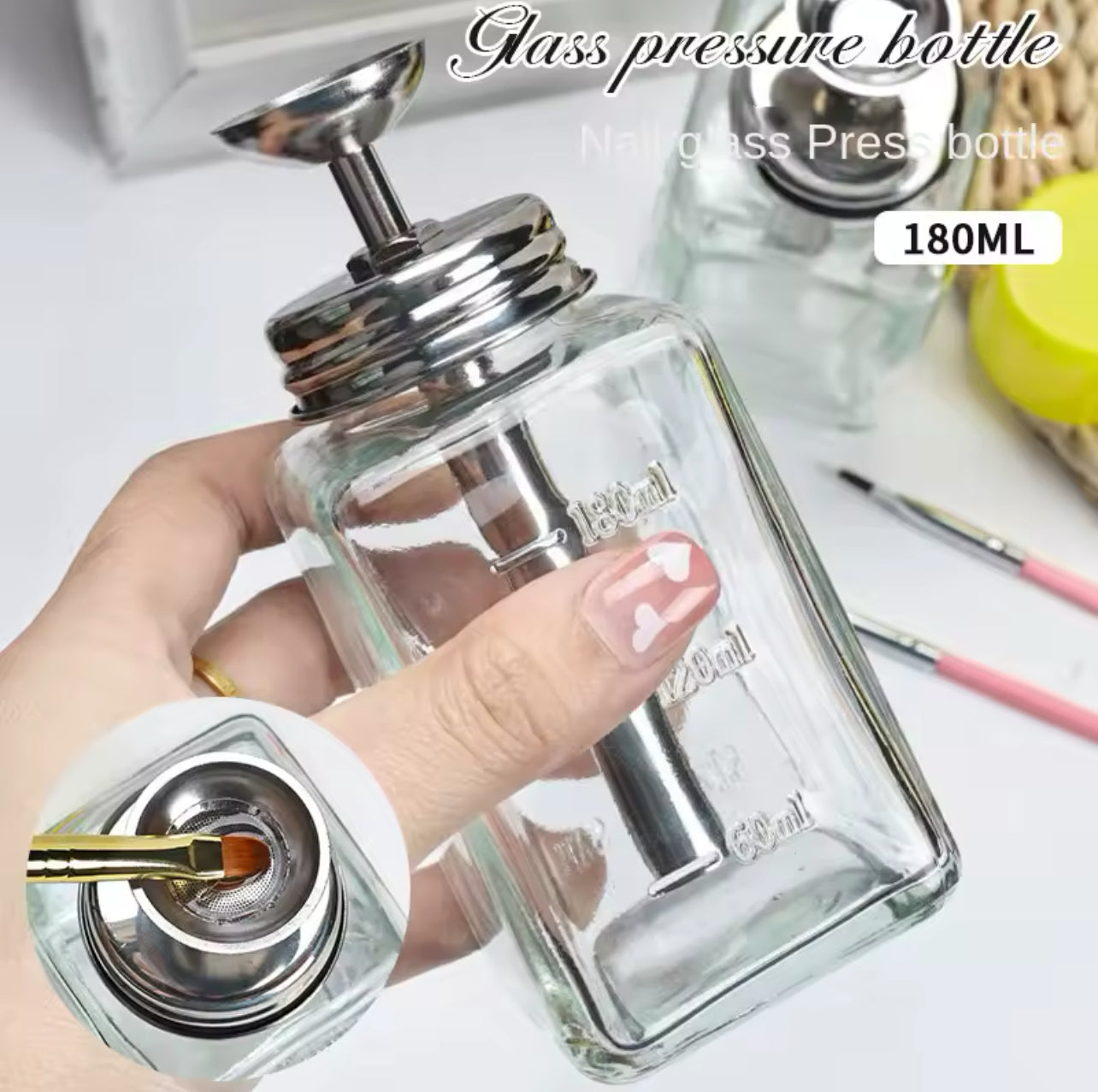 Nail glass bottle press funnel crystal 180ml